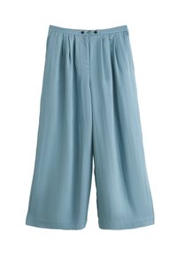 Heledad sinised laiad püksid, mis on valmistatud tekstuursetest kangast, esitades kõrge vöökoha, kortsud ees ja kaks nööpi vöökoha peal.