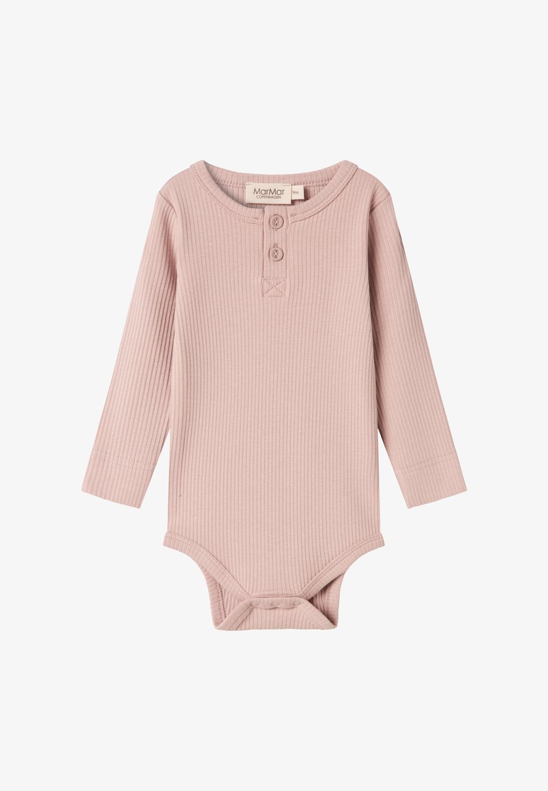 Langärmliger Baby-Body aus hellpinkem, geripptem Stoff mit einem runden Ausschnitt, einer drei-knöpfigen Blende und einem Druckknopfverschluss am Boden.