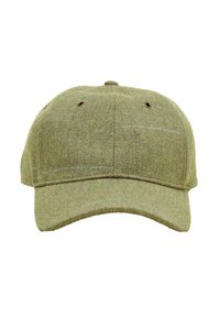 Căciulă verde din lână cu model în spatul peștelui, prevăzută cu o cozoroc curbat, detalii cusute și orificii de ventilație pe laterale.