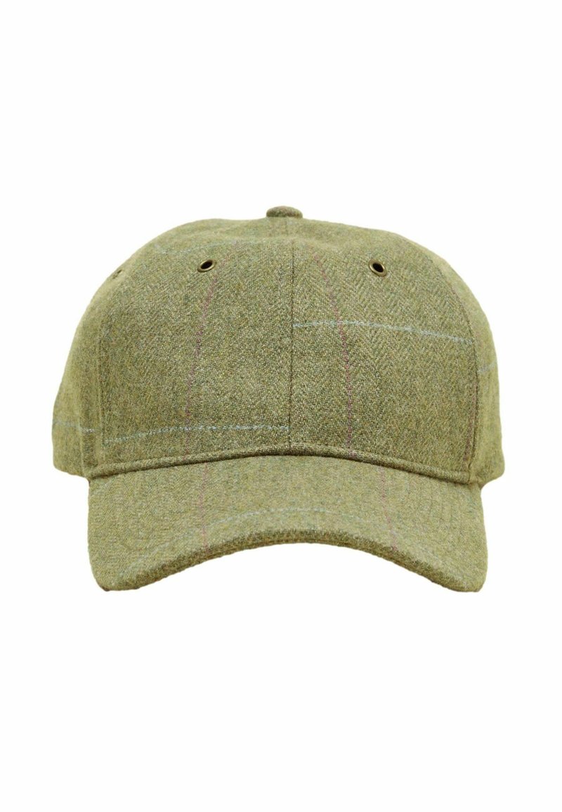 Căciulă verde din lână cu model în spatul peștelui, prevăzută cu o cozoroc curbat, detalii cusute și orificii de ventilație pe laterale.