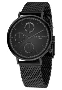 Orologio da polso nero con cinturino a maglie, quadrante rotondo e tre sottoclassifiche. Presenta indicatori di ora minimalisti, data, giorno e un design elegante.