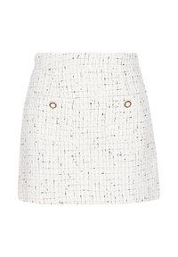 Fustă albă din tweed cu un model cu rețea și accente negre, două buzunare frontale și detalii cu butoane metalice. Design scurt și structurat.