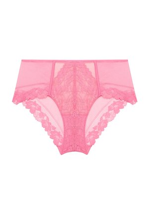 Culotte en dentelle rose taille haute avec motifs floraux et bords festonnés, avec des panneaux en maille transparente sur les côtés et à l'avant.