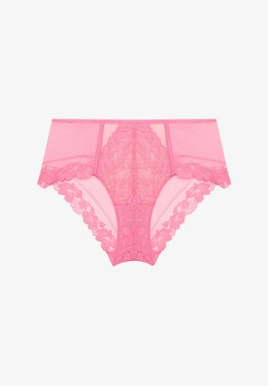 Rosa Spitzenhöschen mit hohem Bund, Blumenmustern und gewellten Kanten, mit transparenten Netzpaneelen an den Seiten und vorne.