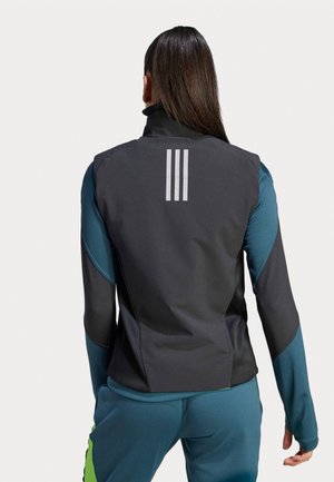 Personne aux longs cheveux foncés portant une veste de sport noire et bleue avec trois bandes blanches verticales dans le dos, vue de dos.