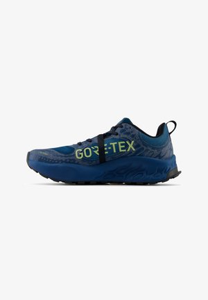 Blauer synthetischer Laufschuh mit strukturiertem Obermaterial, GORE-TEX-Branding, einem schwarzen Riemen über der Mittelsohle und einer gepolsterten Sohle.