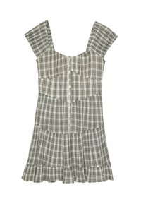 Wzorzysta sukienka w kratę z krótkimi falbankowymi rękawami, zapięcie na guziki z przodu, warstwowa spódnica, w odcieniach beżu i szarości. Materiał bawełniany.