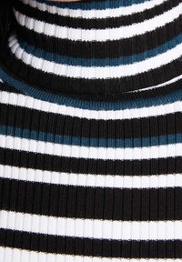 Zwarte, witte en teal gestreepte coltrui met ribbelstructuur. Voorzien van horizontale strepen van verschillende breedtes. Zachte gebreide stof.