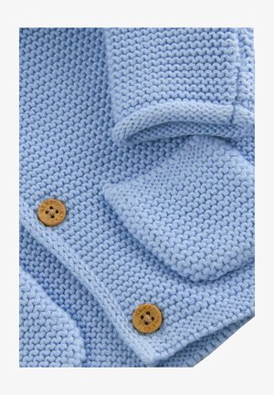 Modrý pletený svetr s texturovaným vzorem a dřevěnými knoflíky. Obsahuje sklopený límec a detaily na manžetách, které zdůrazňují měkkost a teplo.