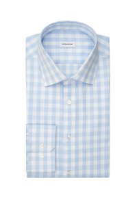 Camicia a scacchi azzurro chiaro e bianco, in cotone, maniche lunghe, polsini con bottone, colletto a punta, con etichetta "seidensticker."