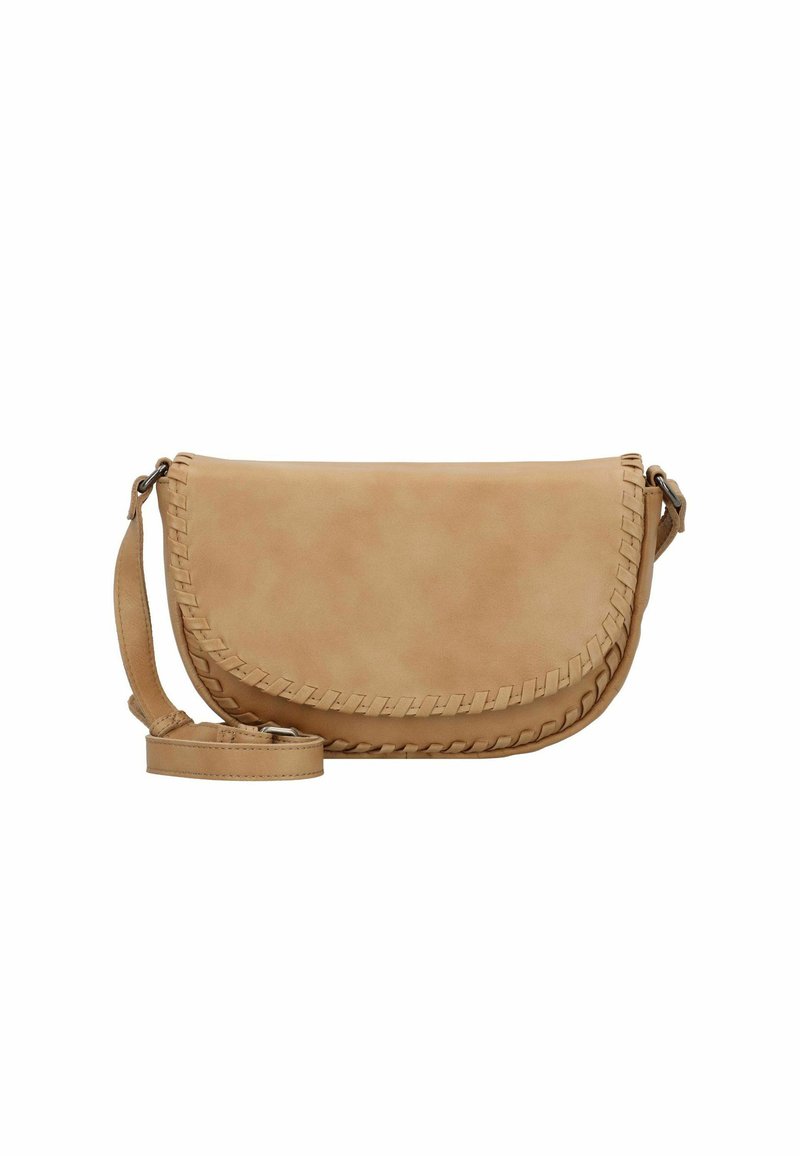 Borsa a tracolla in pelle marrone chiaro con bordi intrecciati, chiusura a pattina e tracolla regolabile. Texture liscia, forma curva e design minimalista.