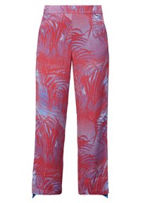 Pantalones de pierna ancha con un diseño en rojo y azul que presentan un motivo de hojas de palma, confeccionados en una tela ligera con cintura elástica y aberturas laterales.