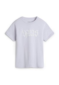 Lila Baumwoll-T-Shirt mit kurzen Ärmeln, ausgestattet mit einem floralen Schriftzug in Gelb und Weiß. Klassischer Rundhalsausschnitt und lockere Passform.