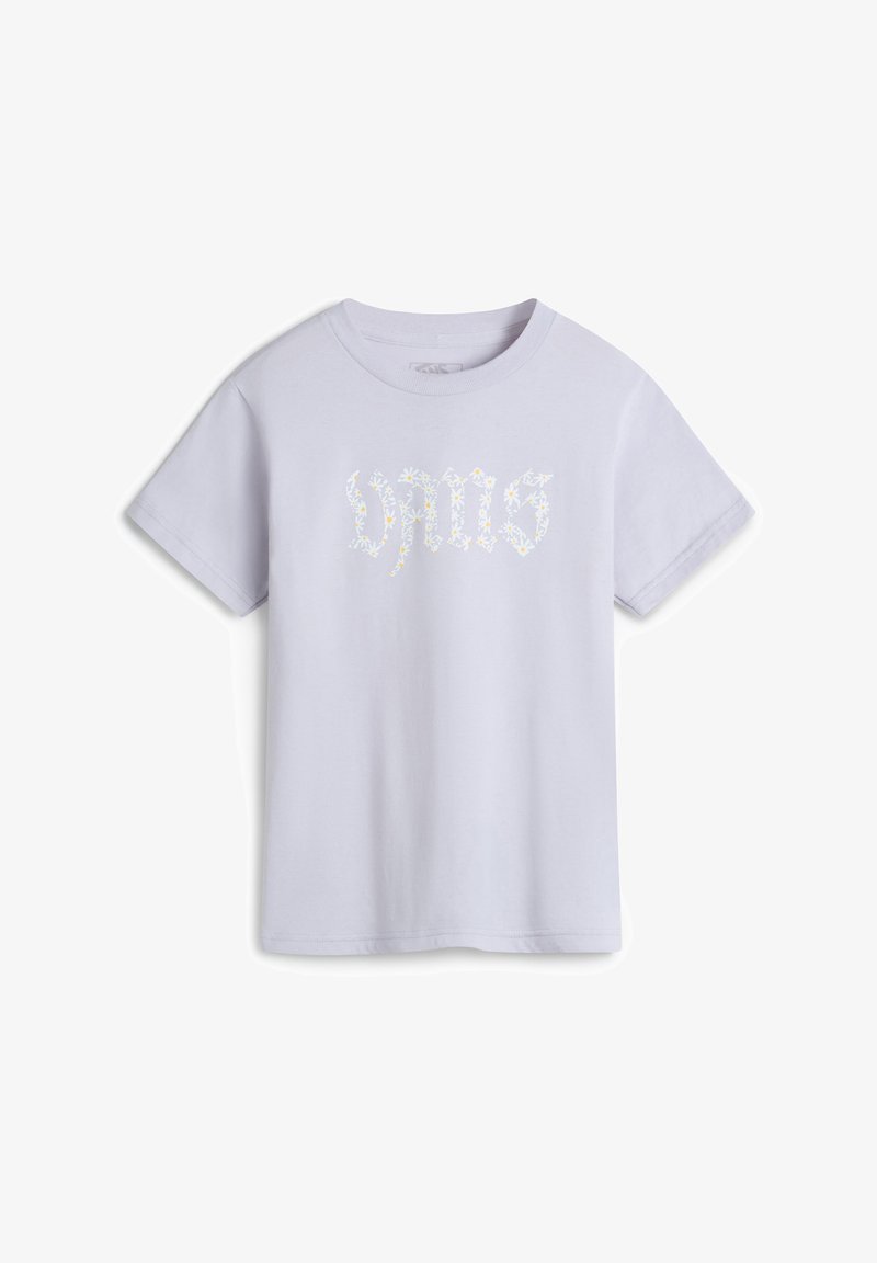 Lila katoenen T-shirt met korte mouwen, voorzien van een bloemenletterontwerp in geel en wit. Klassieke ronde hals en een relaxte pasvorm.