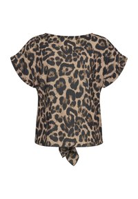 T-maica s kratkimi rokavi z vzorcem leopardje kože, v zemeljskih tonih bež in črne, z ohlapnim krojem in vozlom na robu.