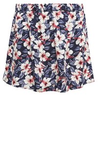 Navy blue skirt with elastic waist, featuring white and red hibiscus flowers and gray-green leaves in a floral pattern.
