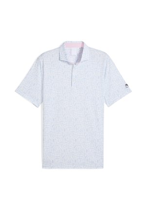 Lyseblå polo t-shirt med korte ærmer, der har et diskret mønster, krave med pink kant og logodetail på ærmet.