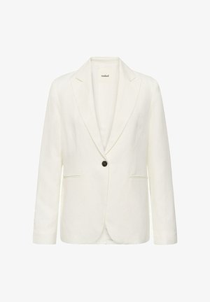 Blazer alb cu un singur nasture, rever cu crestătură și două buzunare frontale cu fante, expus pe un fundal alb.