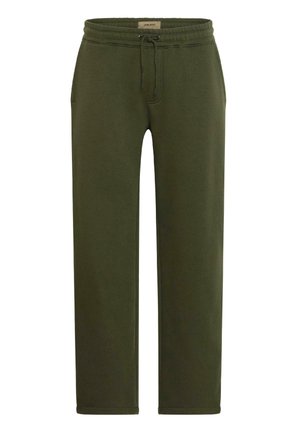 Olivengrønne joggebukser laget av mykt stoff, med elastisk midjebånd og snor, sidelommer og rette ben.