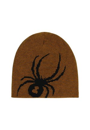 Orange knit beanie with a large black spider graphic centered on the front, showing eight legs and a round body.