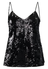 Top caraco noir en sequins avec fines bretelles ajustables, présentant un décolleté en V et une surface texturée recouverte de sequins brillants.