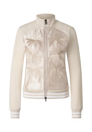 Beige jas met rits, doorgestikt voorpand met palmboomborduurwerk, geribde kraag, manchetten en gestreepte zoom.