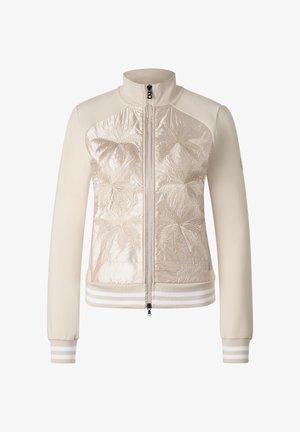 Beige jas met rits, doorgestikt voorpand met palmboomborduurwerk, geribde kraag, manchetten en gestreepte zoom.