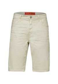 Béžové džínové šortky s rovnýcm střihem, s knoflíkovým zapínáním, poutky na opasek a předními kapsami. Hladká textura s minimálním zdobením.