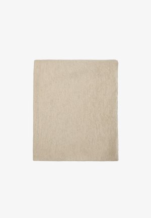 Beige wollen deken, rechthoekige vorm, zachte textuur, minimalistisch ontwerp, gelijkmatige oppervlakte, geen patronen of hardwaredetails zichtbaar.