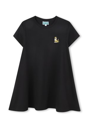Black short-sleeve T-shirt made of cotton. Features a small embroidered tiger design in yellow and blue on the left chest. Flared shape.