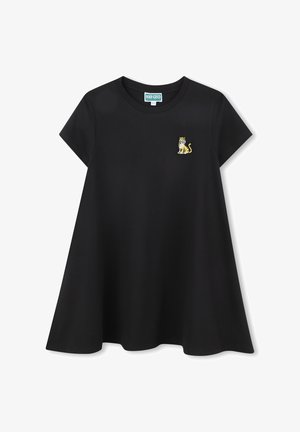 Black short-sleeve T-shirt made of cotton. Features a small embroidered tiger design in yellow and blue on the left chest. Flared shape.