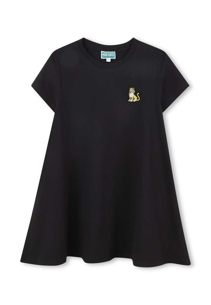 T-shirt noir à manches courtes en coton. Présente un petit motif de tigre brodé en jaune et bleu sur la poitrine gauche. Forme évasée.