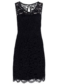 Robe en dentelle noire avec un design sans manches, un motif floral complexe, un col rond et un détail d'ourlet festonné. Ouverture au dos en forme de goutte.