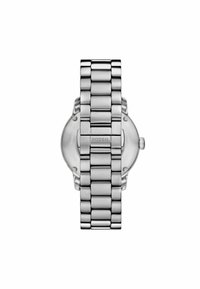Silberner Edelstahl-Uhr mit einem Gliederarmband, rundem Gehäuse und minimalistischer Gestaltung. Mit einem Fossil-Logo auf der Rückseite.