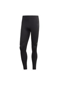 Black athletic leggings featuring a smooth texture, slim fit, and a pocket on the side. Gold logo accent on the lower leg.