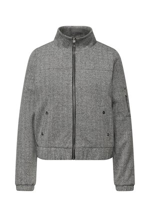 Chaqueta gris con espiga, cuello alto, cierre de cremallera, bolsillos laterales y puños acanalados. Presenta un ajuste relajado y una tela texturizada.