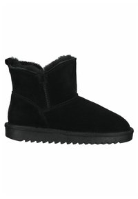Schwarze Wildleder-Stiefelette mit weichem Futter aus Fell, runder Schuhspitze und strukturiertem Gummisohle. Seitlicher Reißverschluss für einfaches An- und Ausziehen.