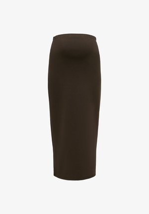 Ciemnobrązowa, o wysokim stanie, prosta spódnica midi z prostym pasem i bez widocznych wzorów czy detali.