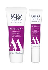 Two white tubes of DADO SENS skincare products. The larger tube (40ml) features a purple label, while the smaller tube (15ml) has similar branding.