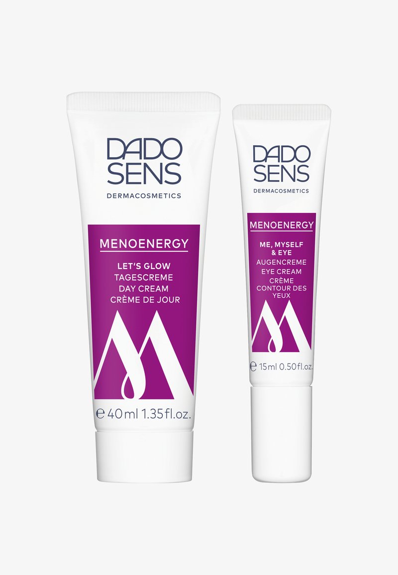 Two white tubes of DADO SENS skincare products. The larger tube (40ml) features a purple label, while the smaller tube (15ml) has similar branding.