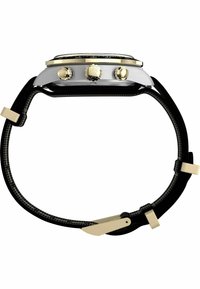 Black watch with a stainless steel case, gold-accented pushers, textured strap, and a distinctive black bezel.