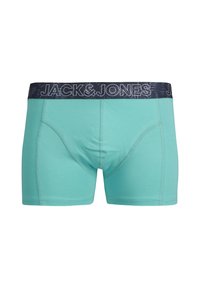 Turquoise boxershorts met een donkerblauwe elastische tailleband met het "JACK&JONES" logo. Glad materiaal, aansluitend ontwerp met een vormgegeven pouch.