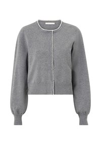 Gr�å cropped cardigan lavet af blødt strikstof, med rund halsudskæring, frontknaplukning med perle detaljer og pufærmer.