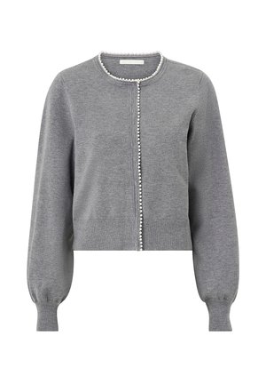 Gray cropped cardigan made of soft knit fabric, featuring a round neckline, front button closure with pearl accents, and puffed sleeves.