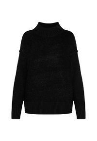 Schwarzer, langärmliger Strickpullover mit einem hohen, gerippten Rollkragen sowie gerippten Bündchen und Saum.
