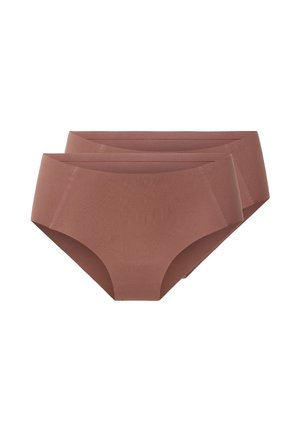 Deux culottes marron sans coutures pour femmes de style hipster, superposées sur un fond blanc.