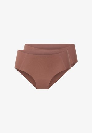 Deux culottes marron sans coutures pour femmes de style hipster, superposées sur un fond blanc.