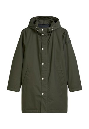 Dark green hooded raincoat with front snap buttons and two angled pockets, designed for cold or wet weather.