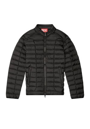 Black padded jacket with a stand collar, front zipper closure, and two side pockets. Features horizontal quilted pattern and logo tag.