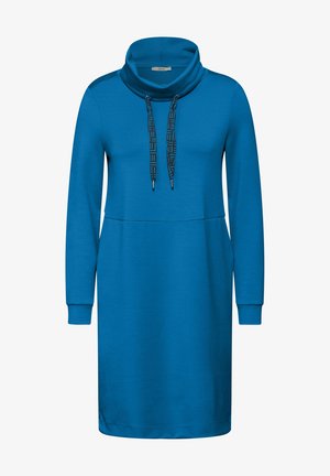 Blaues Langarmkleid mit Schalkragen, mit verstellbaren Zugbändern und einer glatten Textur; verfügt über zwei Seitentaschen.